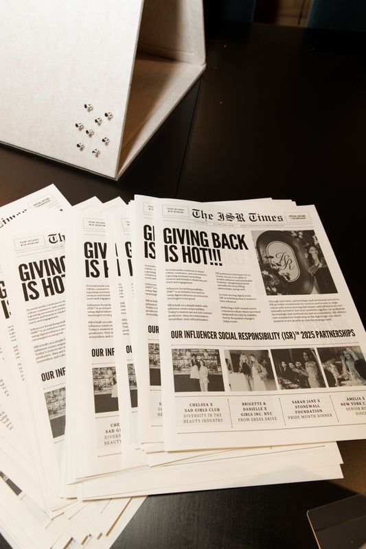 ISR Times newspapers featuring the headline “Giving Back Is Hot!” and ISR’s 2025 social impact partnerships.